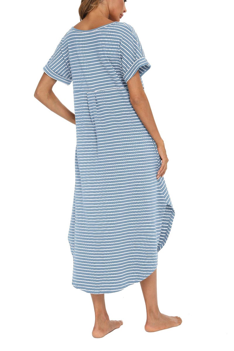 AVIIER Nightgowns for Women Cotton V Neck Sleepwear Short Sleeve Loungewear (Blue While, Small) - Image 4
